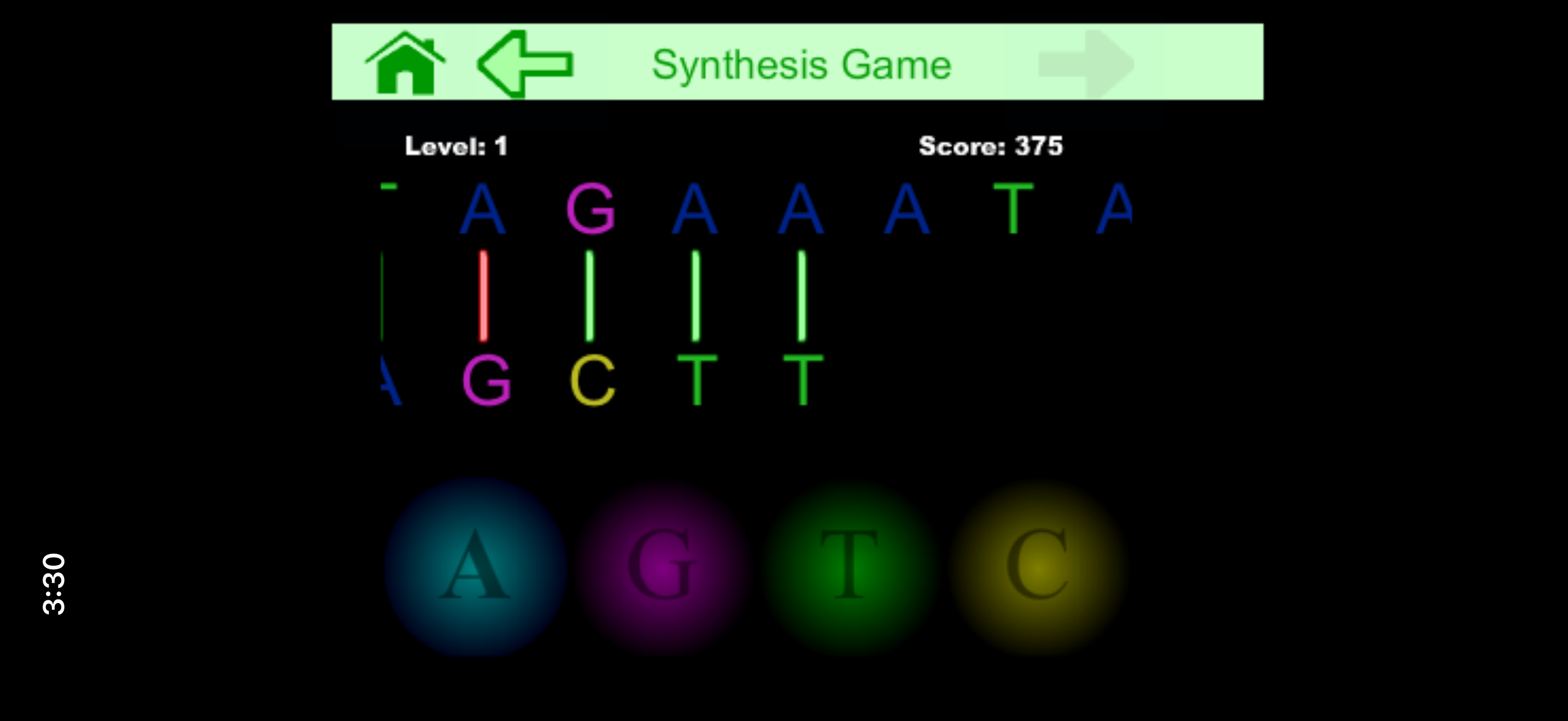 DNA synthesis game with nucleotide letters and score.