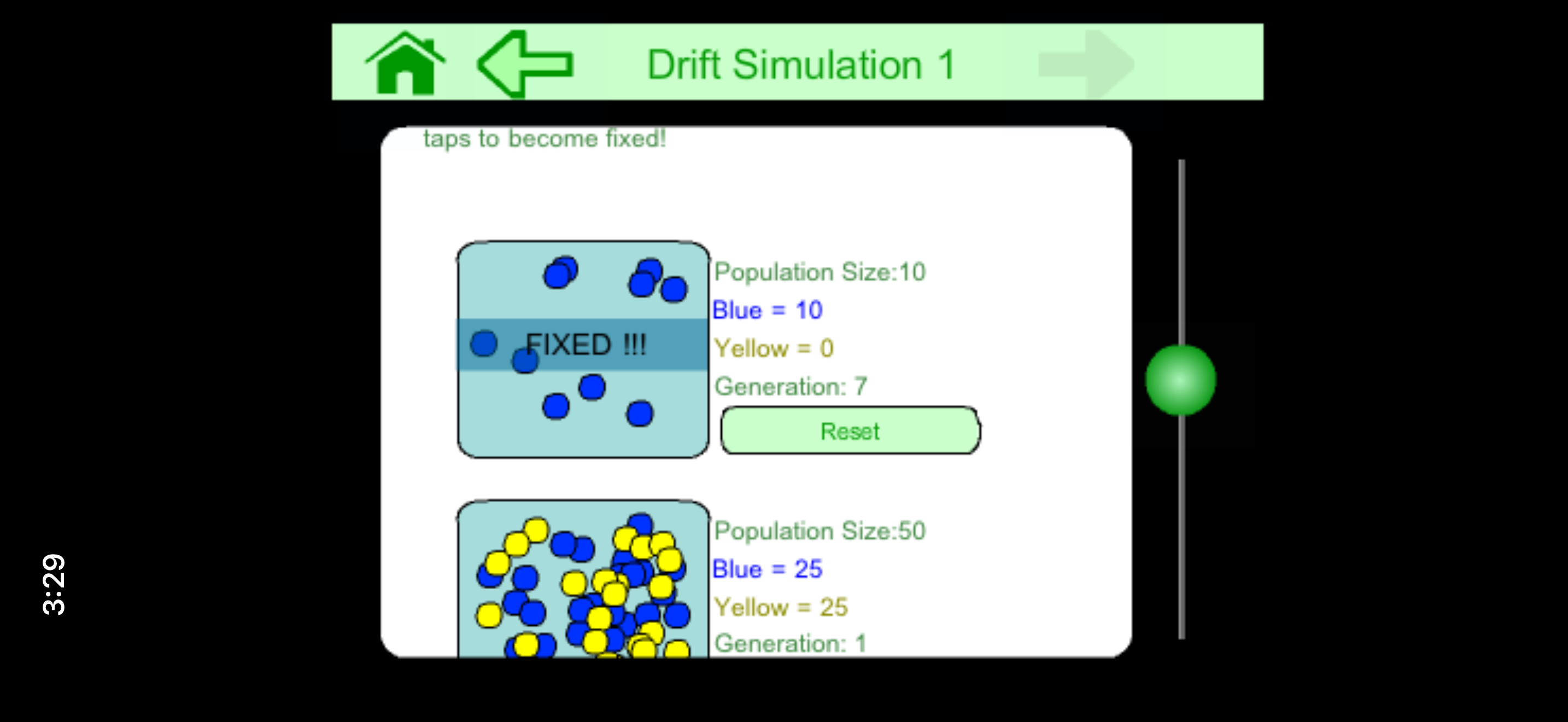 Genetic drift simulation comparing population size 10 and population size 50.