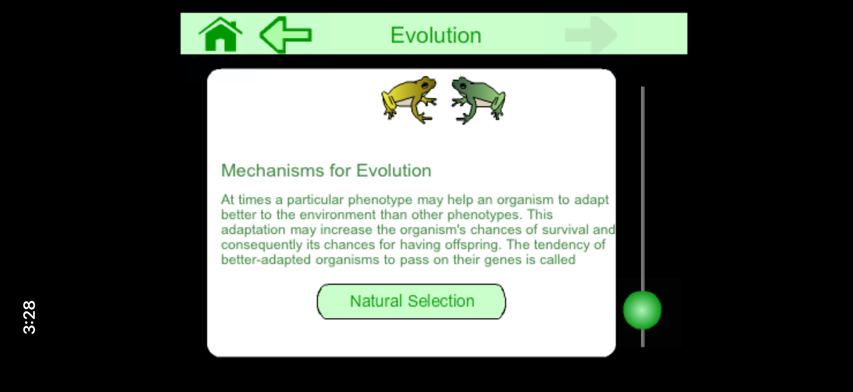 Evolutionary Biology lesson screen introducing mechanisms for evolution.