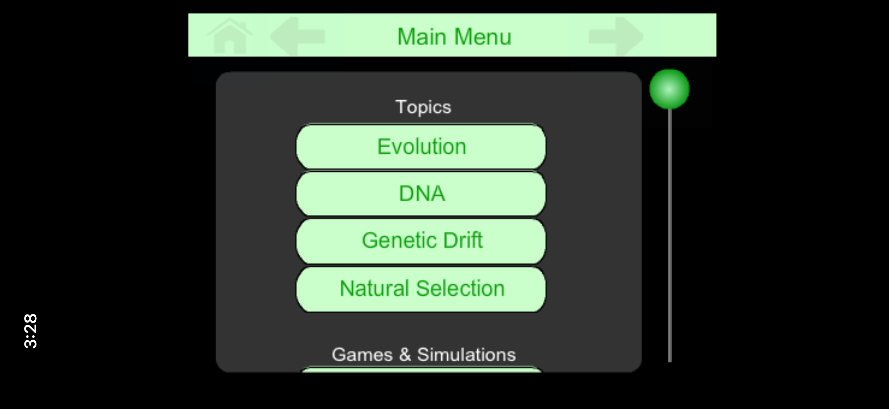Evolutionary Biology topic menu with evolution, DNA, genetic drift, and natural selection.