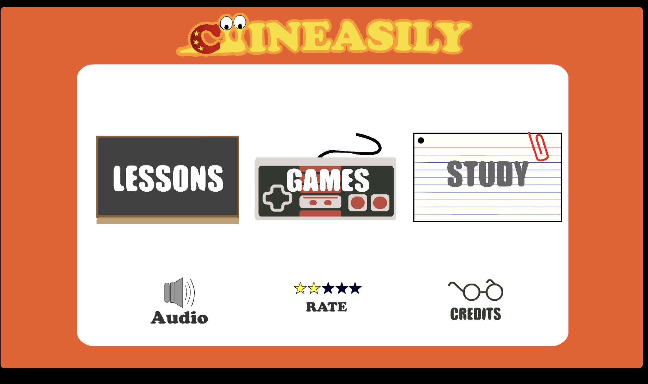 Chineasily main menu with lessons, games, study, audio, rating, and credits.