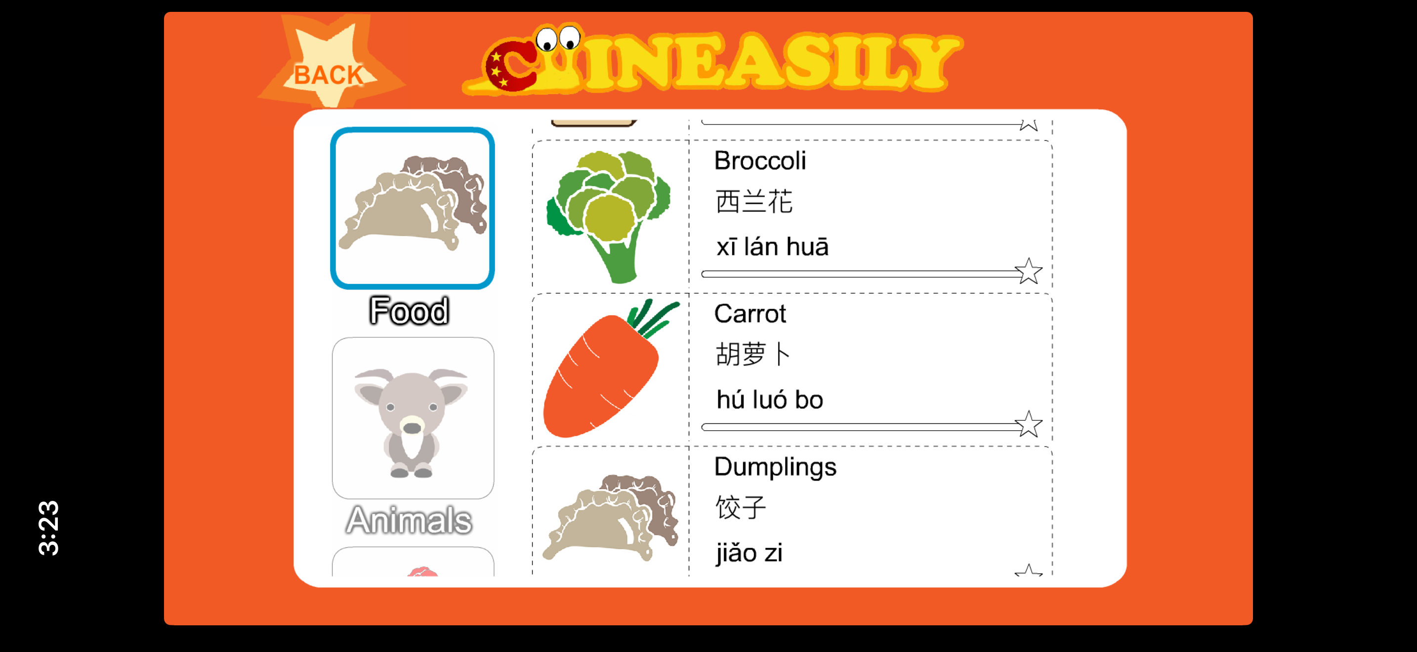 Chineasily vocabulary list with images, English, Chinese characters, and pinyin.