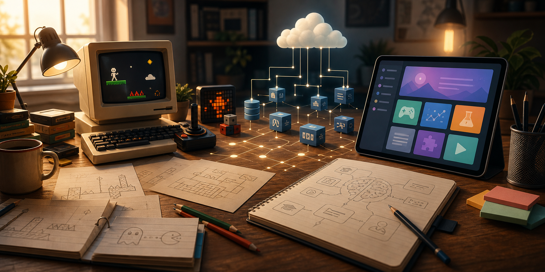 A stylized desk scene connecting retro educational games, cloud architecture, and AI course modules.