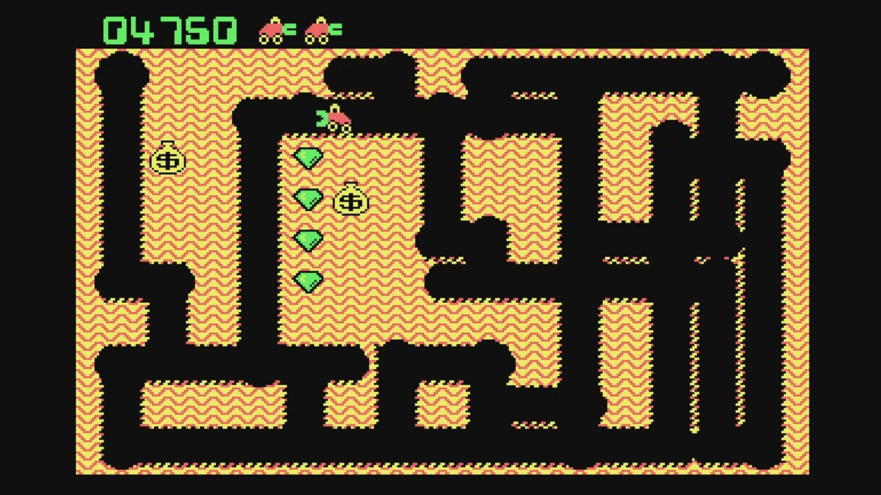 Digger screenshot with tunnels, emeralds, cherries, and enemies.
