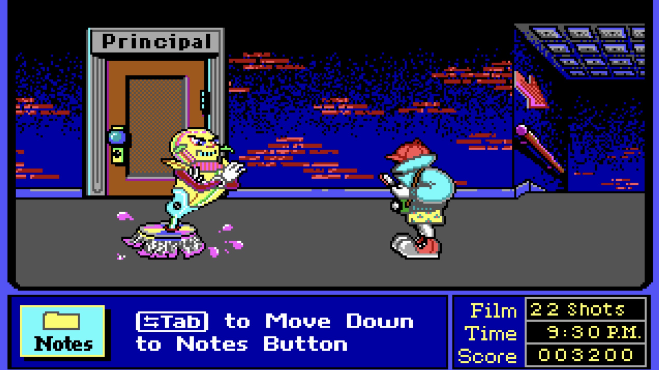 Midnight Rescue screenshot with the principal and player in a school hallway.