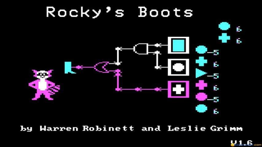 Rocky's Boots title screen with logic circuits and shape outputs.
