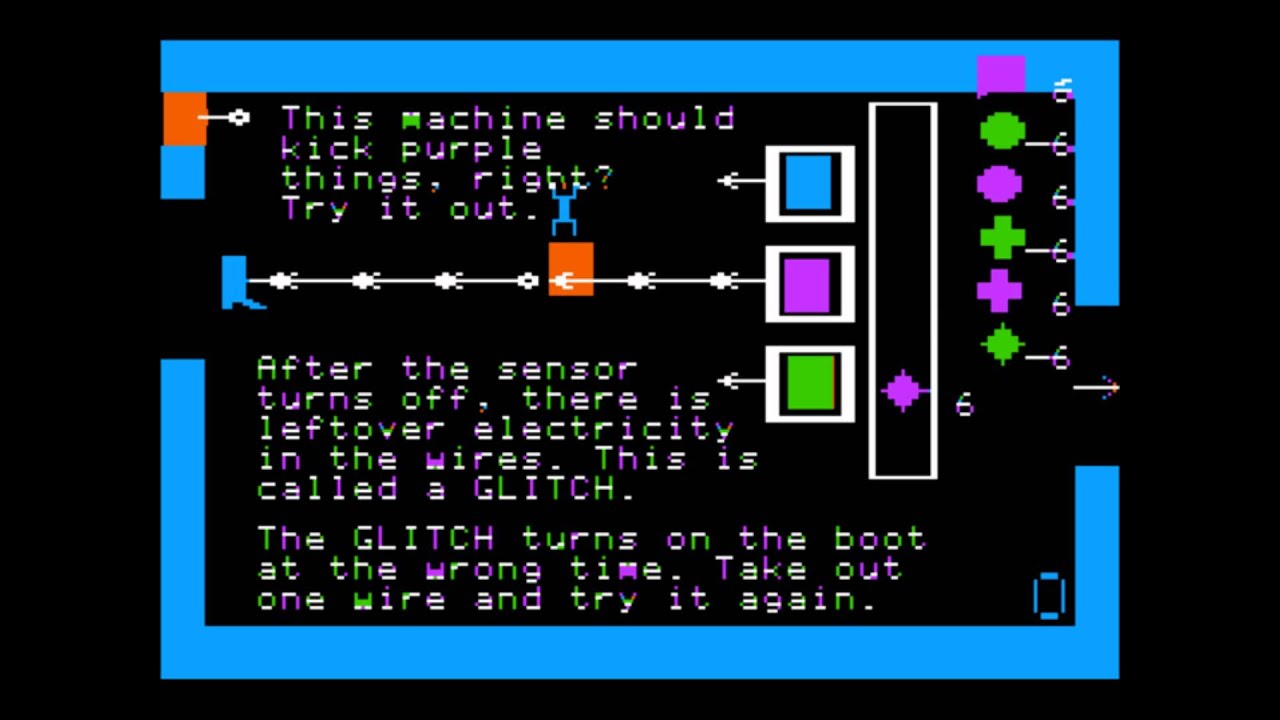 Rocky's Boots gameplay screen explaining sensors and leftover electricity in wires.